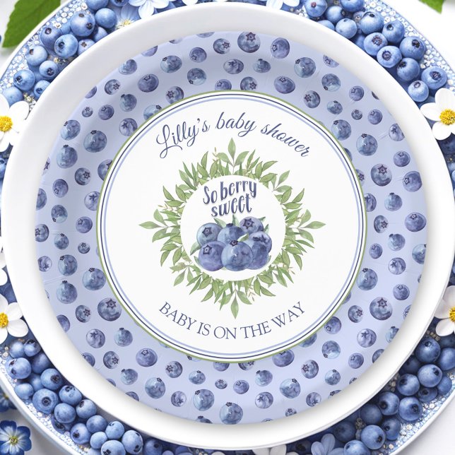 Prato De Papel Então Berry Sweet Azul Chá de fraldas (So Berry Sweet Blueberry Blue Baby Shower Paper Plates)
