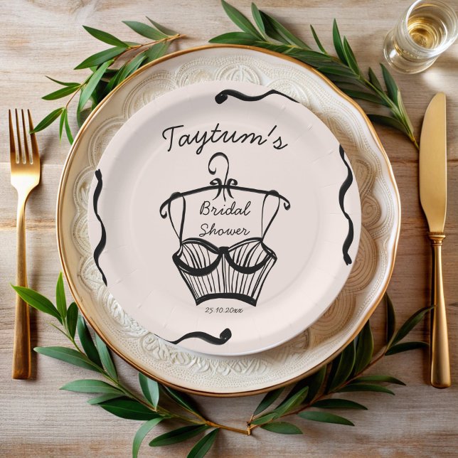 Prato De Papel Esboço de lingerie com borda ondulada para chá de  (Lingerie bridal shower wavy border hand drawn sketch personalized monogrammed paper plates)