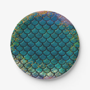 Prato De Papel Escamas Sereia Glam Teal Púrpura Dourado Brilho