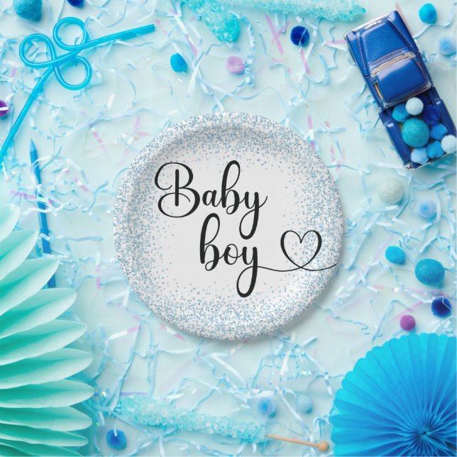 Prato De Papel Escrita para bebês com brilho azul claro (Festa)