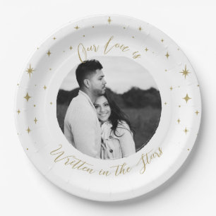 Prato De Papel Escrito nas Estrelas Dourado e Branco Foto Celesti