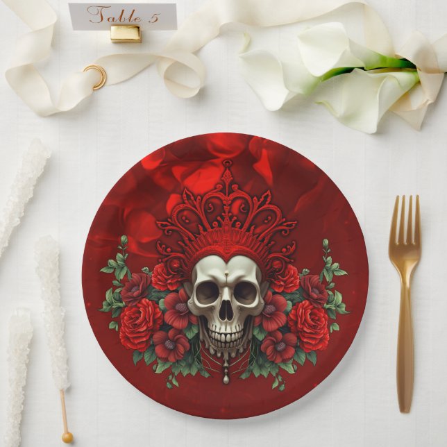 Prato De Papel Escuridão real, coração gótico e crânio. (Casamento)