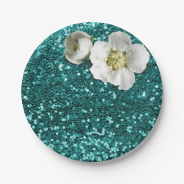 Prato De Papel Esmeralda Aquática Branco Floral Jasmine Glitter