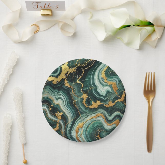 Prato De Papel Esmeralda Verde e Dourado com Visual de Mármore Gl (Casamento)