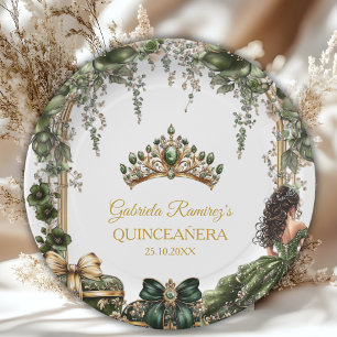 Prato De Papel Esmeralda Verde Tiara Floral Dourada Quinceañera