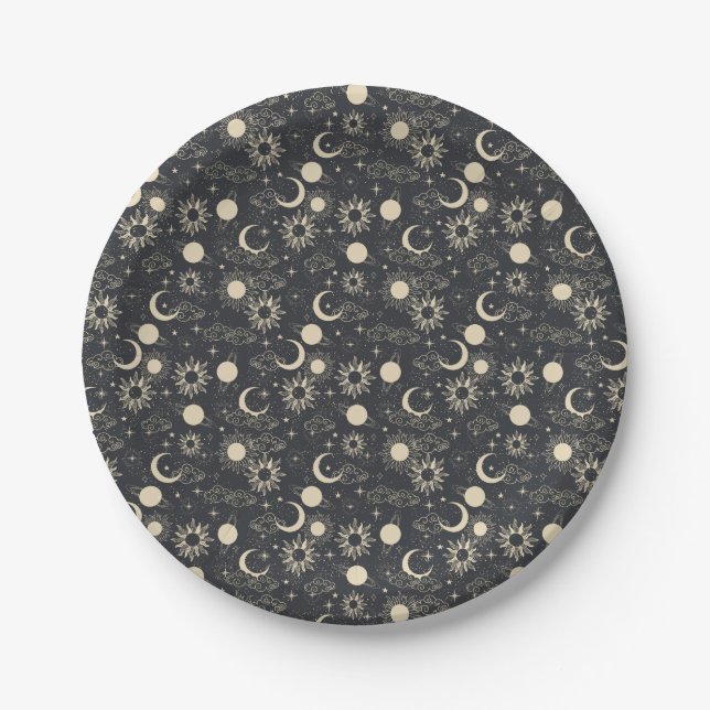 Prato De Papel espaço celestial sol lua galáxia planeta bege (Frente)