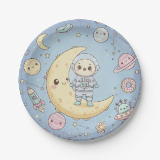Prato De Papel Espaço Kawaii Fofo - Astronauta e Lua Sorridente