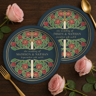 Prato De Papel Espada Floral Medieval Real Cinza Dourado Casament