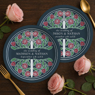 Prato De Papel Espada Floral Medieval Real Cinza Prata Casamento