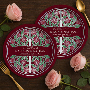 Prato De Papel Espada Floral Medieval Real Prata Vermelha Casamen