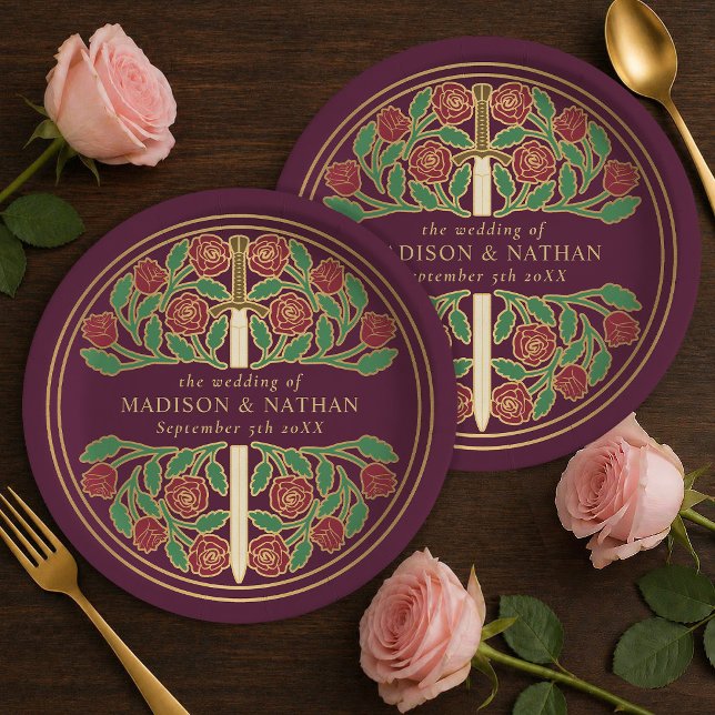 Prato De Papel Espada Floral Medieval Real Roxo Casamento  (Criador carregado)