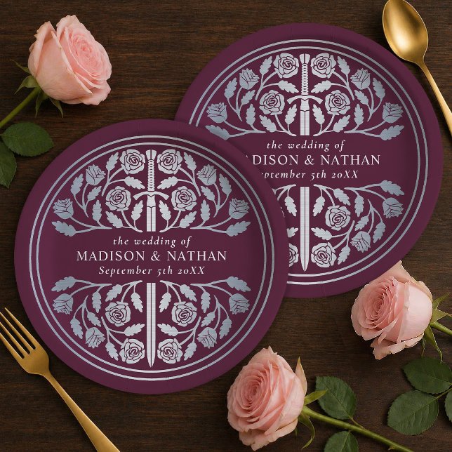 Prato De Papel Espada Medieval Real Casamento Mauve Prata (Criador carregado)