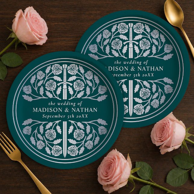 Prato De Papel Espada Medieval Real Casamento Teal Prata (Criador carregado)