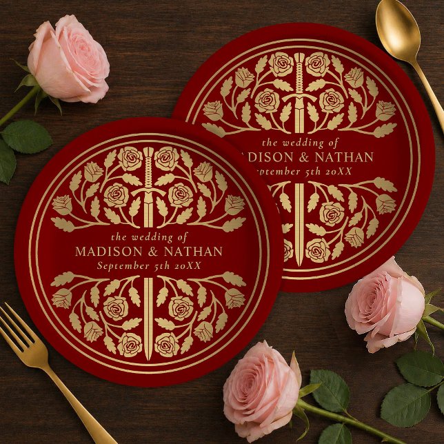 Prato De Papel Espada Medieval Real Escarlate Dourada Casamento  (Criador carregado)