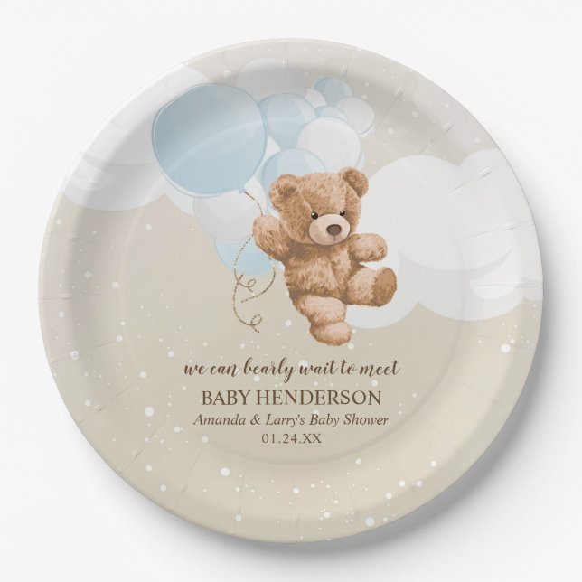 Prato De Papel Esperar Dusty Blue Teddy Bear Napkins (Frente)