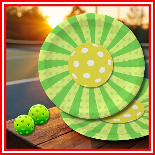 Prato De Papel Esportes Verdes RRETRO Verde de Baile de Aniversár (Pickleball Birthday Green RETRO Stripes Sports Paper Plates)