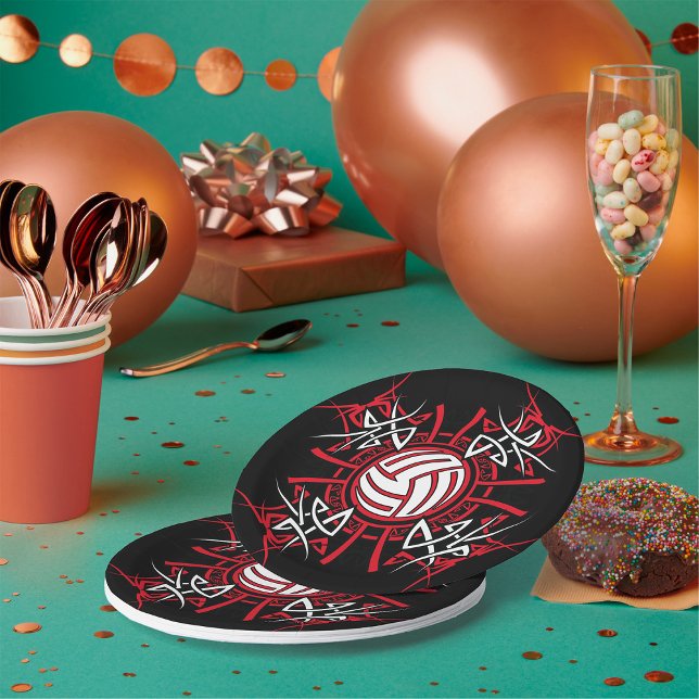 Prato De Papel Esportes Vermelhos e Negros de Voleibol Tribal (Criador carregado)