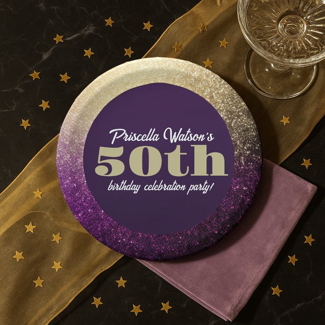 Prato De Papel Espumante Roxo e Festa de aniversário Dourada (Sparkling Glitter Purple and Gold Birthday Party Paper Plates)