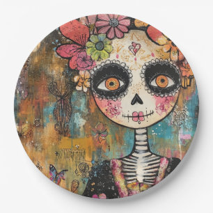 Prato De Papel Esqueleto La Catrina com Coroa de Flores