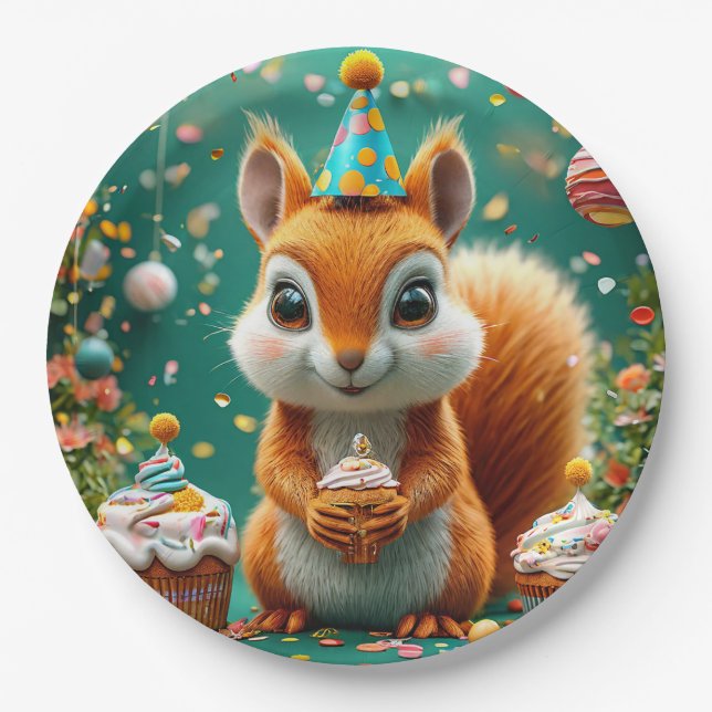 Prato De Papel Esquilo adorável de aniversário (Frente)