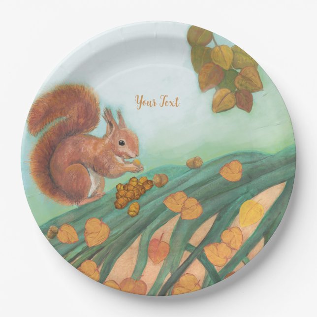 Prato De Papel Esquilo Cinto com ilustração de avelãs personaliza (Frente)
