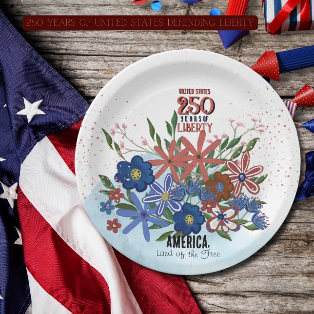 Prato De Papel Estados Unidos 250 anos Patriótico Floral (United States 250 Years Floral Patriotic Paper Plates)