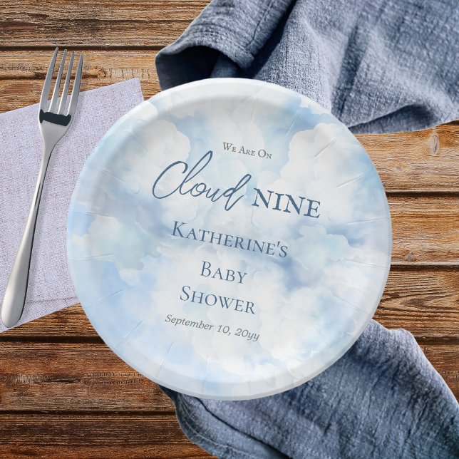 Prato De Papel Estamos No Chá de fraldas Nine Blue Boy ("We Are On Cloud Nine"  Blue Boy Baby Shower Paper Plates)