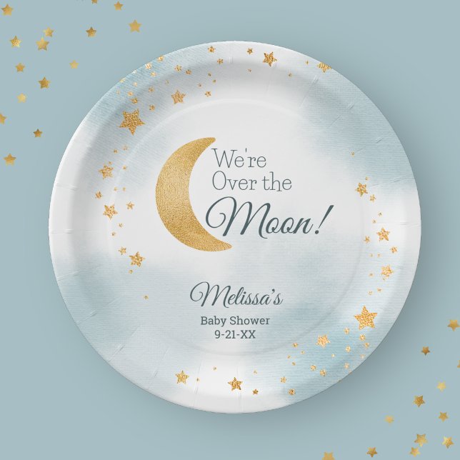 Prato De Papel Estamos sobre o Chá de fraldas Azul da Lua (We're Over the Moon Blue Baby Shower Paper Plates)