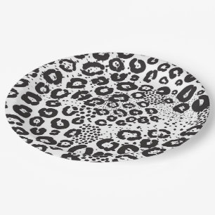 Prato De Papel Estampa Animal Preto Branco Leopardo da Neve Guepa