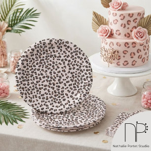 Prato De Papel Estampa de leopardo desenhada à mão rosa