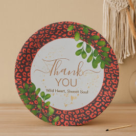 Prato De Papel Estampa de leopardo marrom coral Obrigada