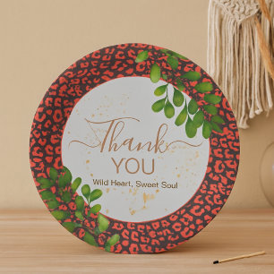 Prato De Papel Estampa de leopardo marrom coral Obrigada