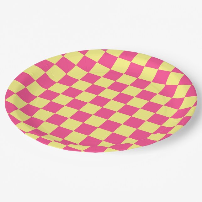 Prato De Papel Estampa Xadrez Rosa e Amarelo (Inclinado)