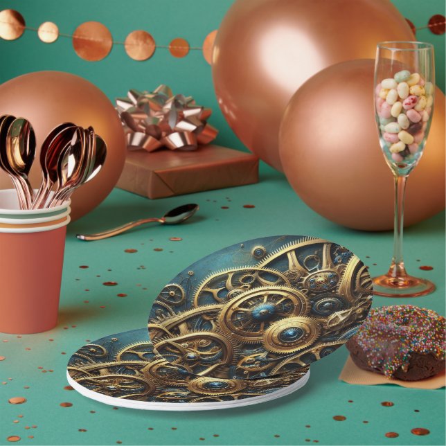 Prato De Papel Estampunk Clockwork Dourado e Teal (Múltiplo)