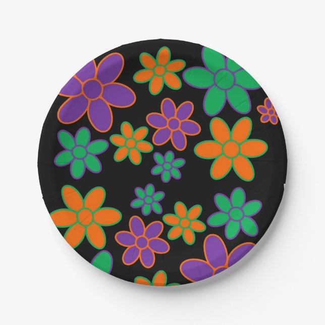 Prato De Papel Estilo 1970s Flores de Papel Preto em Fundo (Frente)