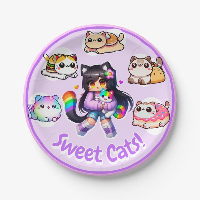 Prato De Papel Estilo Aphmau, Rapariga De Nascimento, Gatos Doce, (Frente)