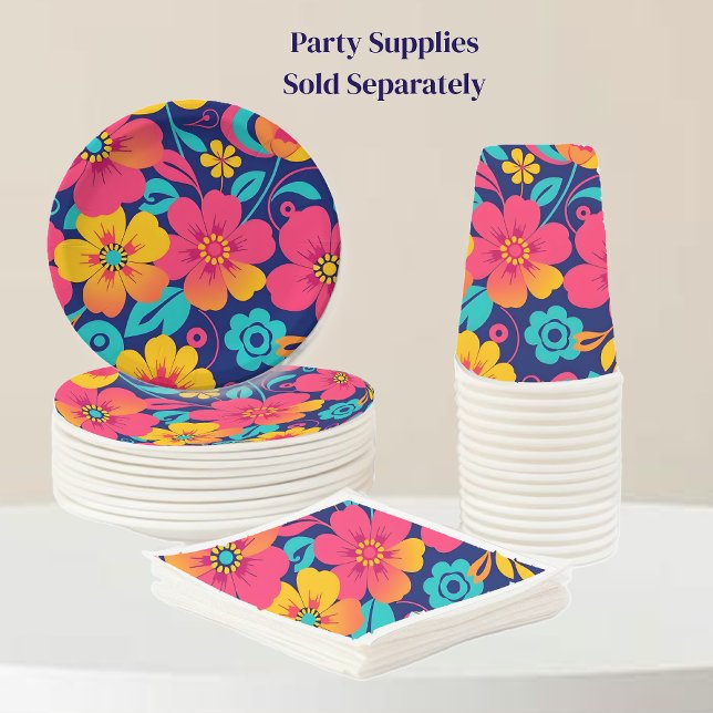 Prato De Papel Estilo Brilhante e Refletor Negrito - Dopamina (Bright and Bold Retro Flowers-Dopamine Style Party supplies paper plate, napkins, and cups)