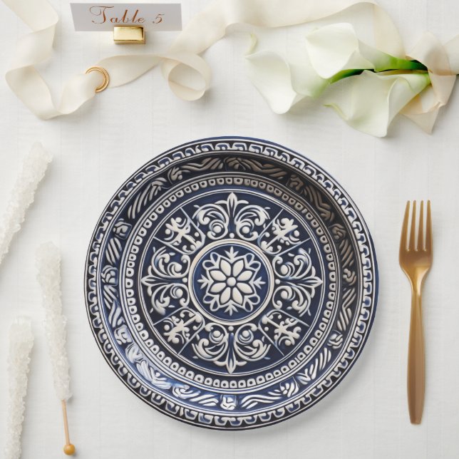 Prato de Papel Estilo Cerâmica Vidrada em Azul Mar (Casamento)