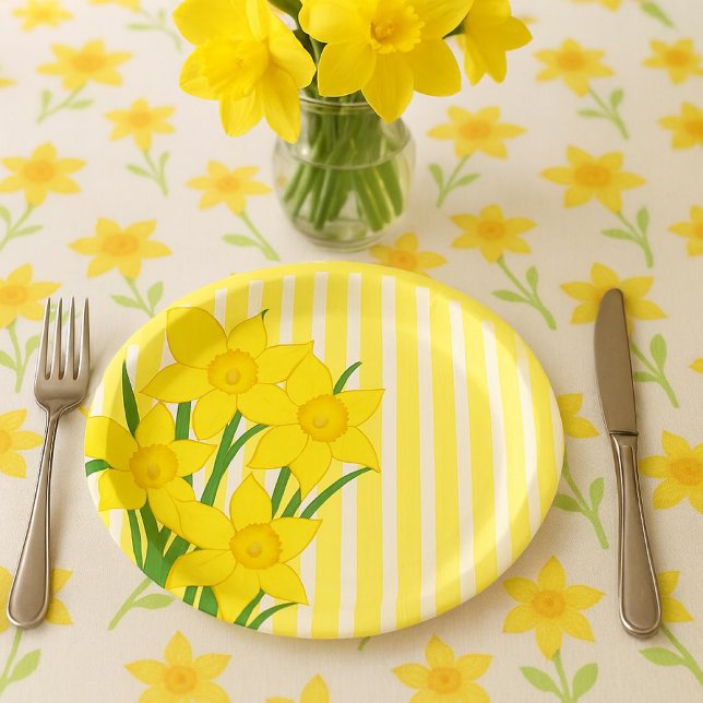 Prato De Papel Estilo de primavera Daffodils com Estirpes Amarela (cheerful yellow daffodils paper plate for spring gatherings and Easter brunch )