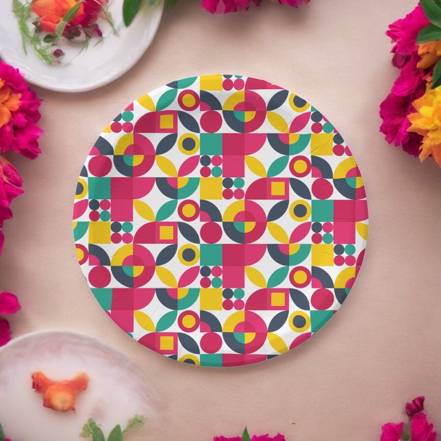 Prato De Papel Estilo do Partido Bauhaus (retro color theme,birthday,wedding,baby shower,special occasion event paper plate party supplies)