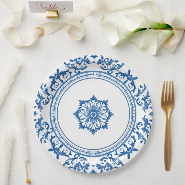 Prato De Papel Estilo elegante de chinoiserie Flor Branca Azul (Casamento)