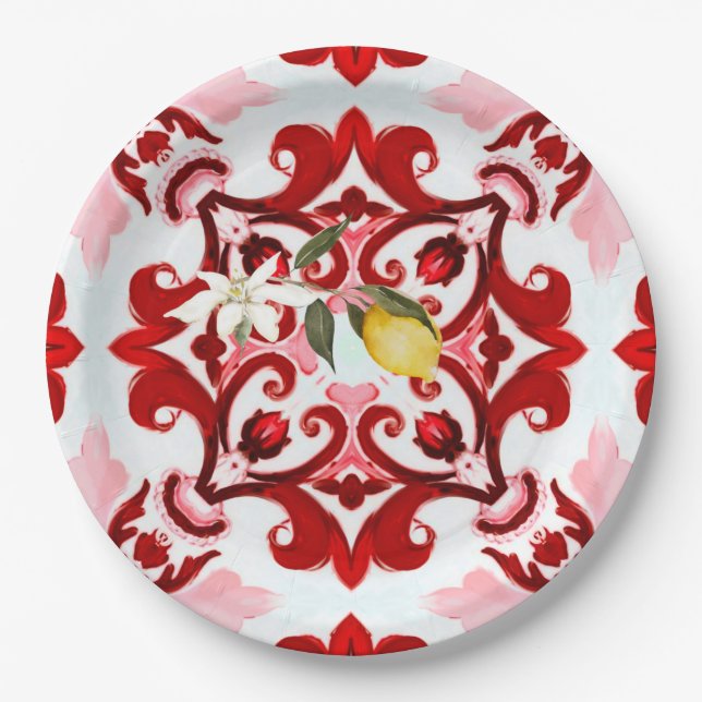 Prato De Papel estilo italiano,azulejos,majolica,limão,Impressão  (Frente)