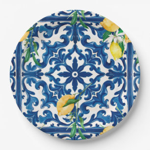Prato De Papel estilo italiano,Mediterrâneo,mosaico,azul,