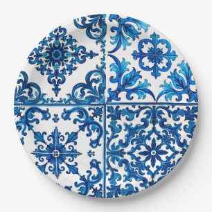 Prato De Papel estilo italiano,Mediterrâneo,mosaico,azul,