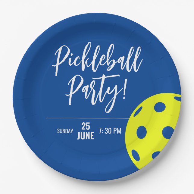 Prato De Papel Estilo Retro Neon Blue Themed Pickleball Birday (Frente)