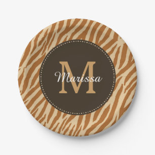 Prato De Papel Estiloso Marrom Castanho Estampa de Zebra Monogram