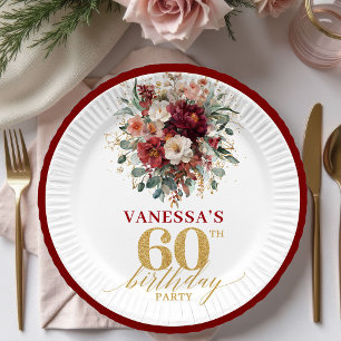 Prato De Papel Estiloso Marrom Dourado Floral Aniversário de 60 a