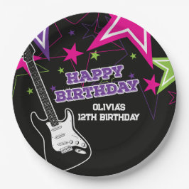 Prato De Papel Estrela do Rock Aniversário Guitarra Estrelas Rosa