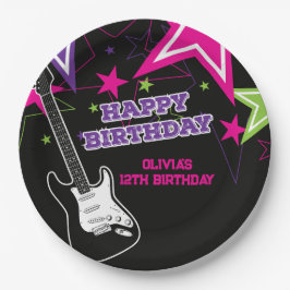Prato De Papel Estrela do Rock Aniversário Guitarra Estrelas Rosa