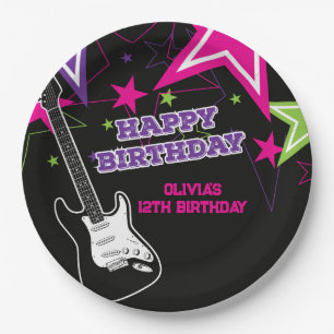 Prato De Papel Estrela do Rock Aniversário Guitarra Estrelas Rosa